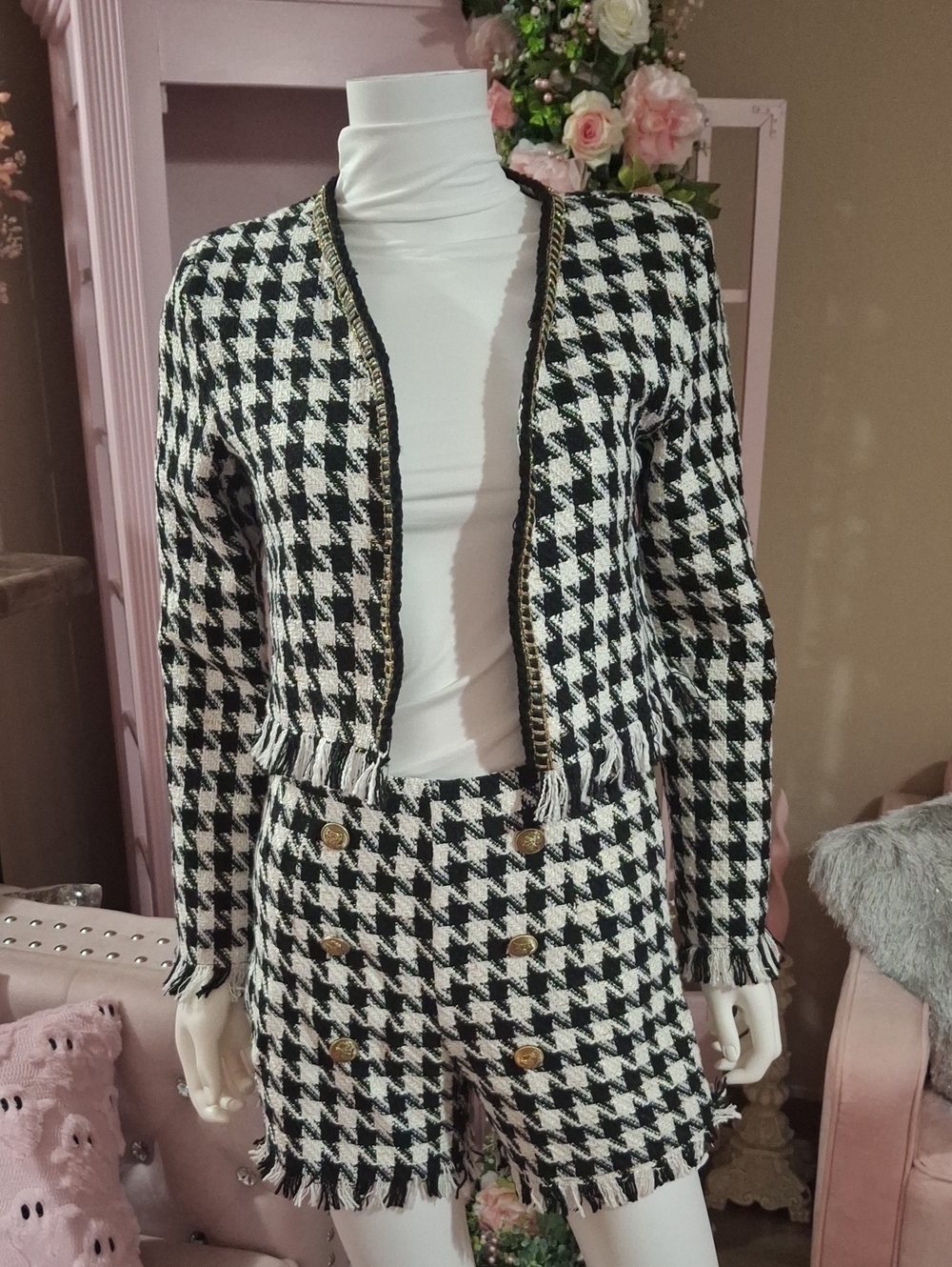 Black & White Houndstooth Fringe Jacket  Classic Womens Outerwear  NWOT  Size XS